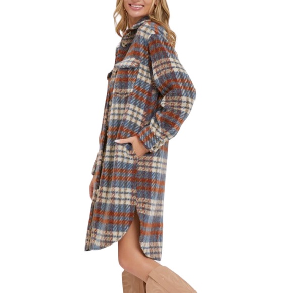 Blue/Rust Long Plaid Shacket Jacket NWT - (#0192) - Picture 4 of 5